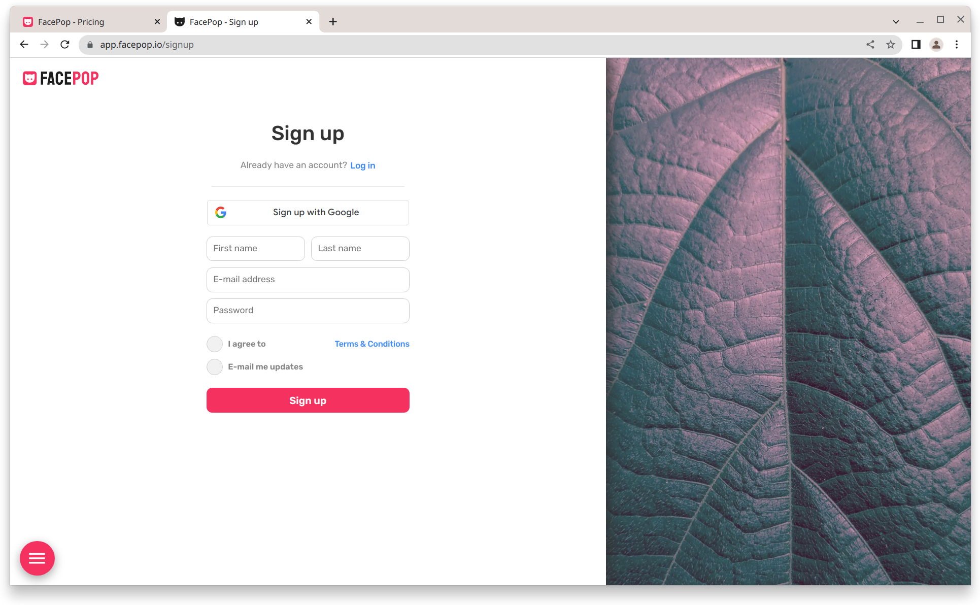 FacePop signup page