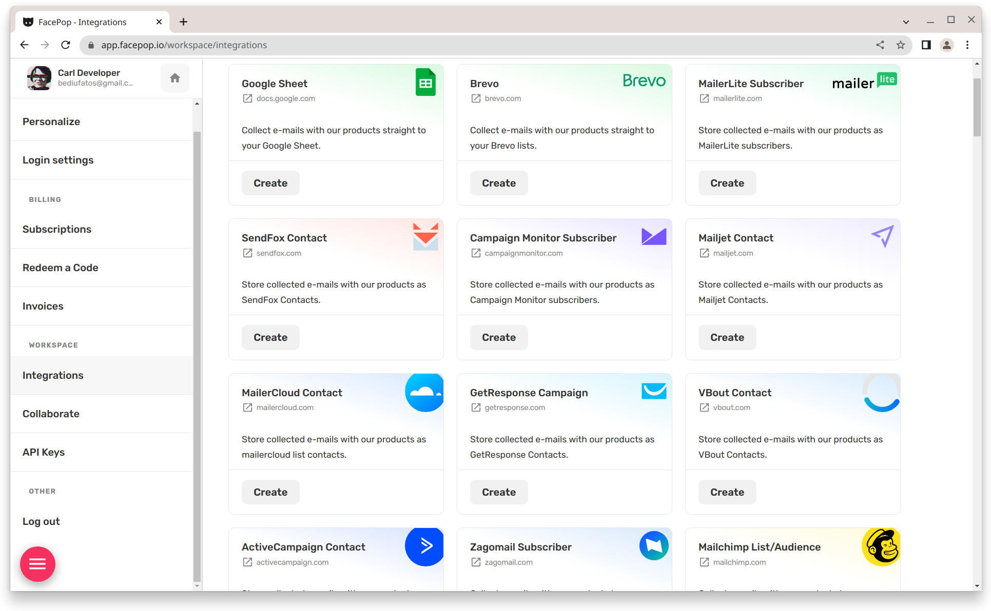 FacePop Email Collection Integrations Page