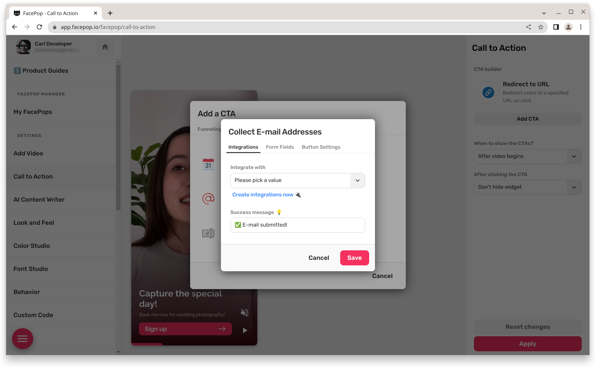 FacePop Call to Action Email Collection Settings